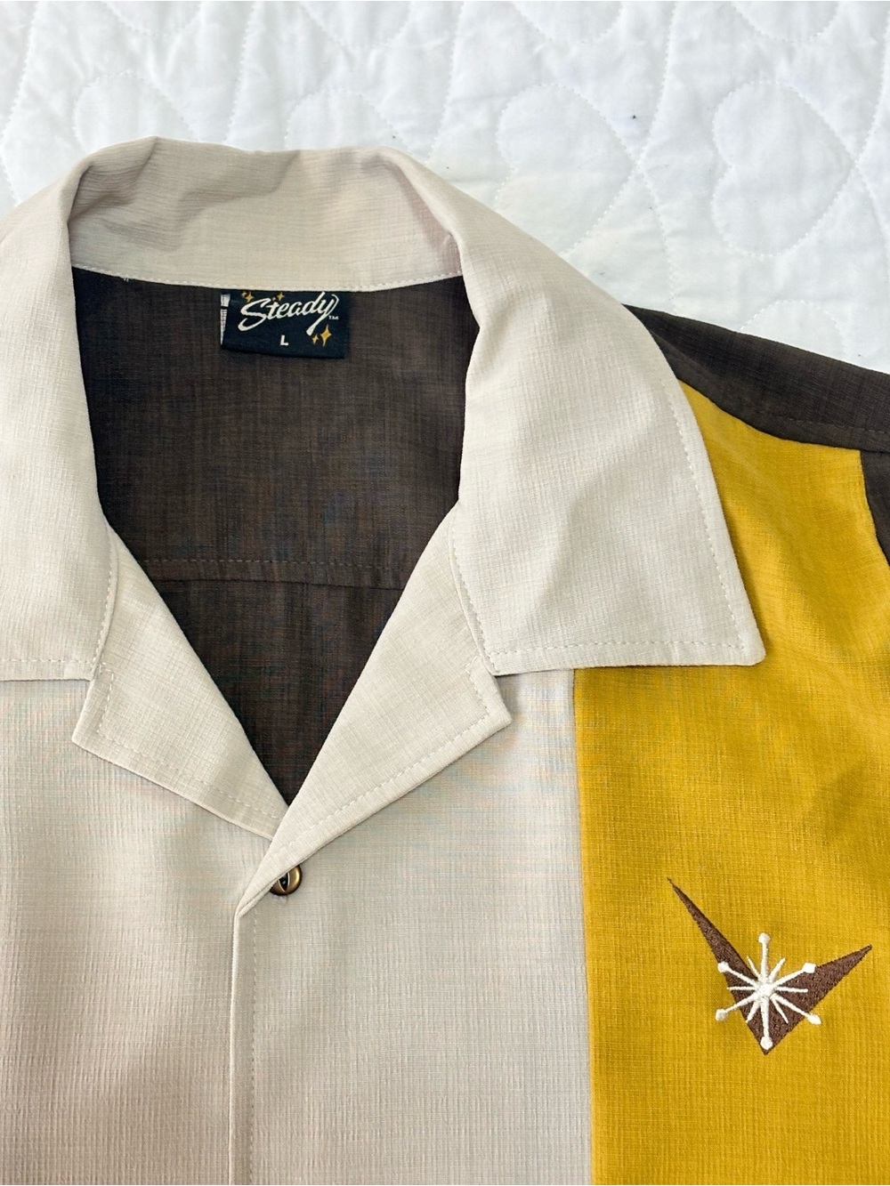 Steady Retro Large Panel Bowling Shirt in Cream, Brown & Mustard